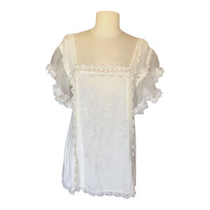 POL White Lace Peasant Blouse Floral Ruffle Sleeve Square Neck Women Size Small